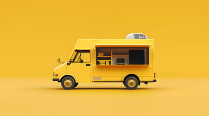 This compact yellow food truck, presented on a seamless yellow background, offers a modern and streamlined look, ideal for urban entrepreneurs looking to deliver quick and tasty street food options.