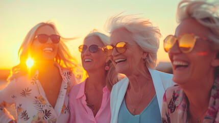 A group of senior women share a moment of laughter and joy during a beautiful sunset, their faces illuminated by the golden light, showcasing the enduring vibrancy and camaraderie among friends.