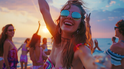 Exuberant young woman with arms raised, enjoying a vibrant beach party at sunset. Her sunglasses...