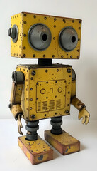 A yellow toy robot adorned with the number 10, made of composite materials and metal. This fictional character showcases engineering and art, with intricate patterns