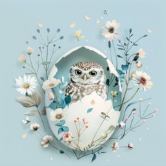Owl Emerging from Egg Amidst Paper Flowers