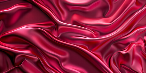 Closeup of rippled shiny red silk satin fabric on dark background,
