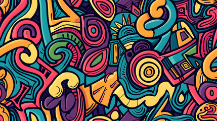 seamless pattern blends tribal art with modern abstract styles, featuring intricate curves and motifs in a colorful palette of purple, yellow, and teal, ideal for bold and artistic design projects.