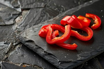 A fresh red pepper on the kitchen dark stone table, slightly sliced, flat lay with a place for text. AI generated