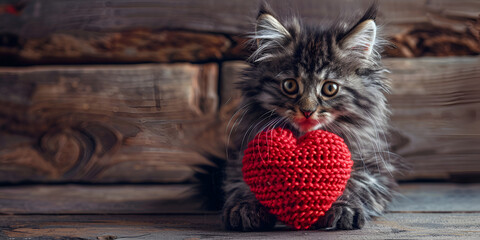 Cute fluffy grey kitten on wooden background holding a red knitted heart in its paws festive...