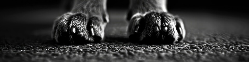 A black and white photo of a dog's paw