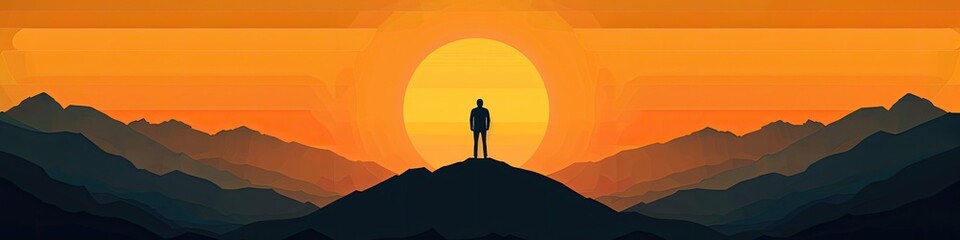 A man stands on a mountain top, looking out at the sun