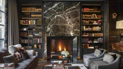 living room, marble wall fireplace and stylish bookcase to the ceiling. generative ai