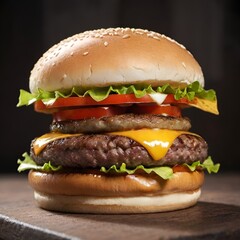 A large hamburger with cheese, tomato, and onion on it