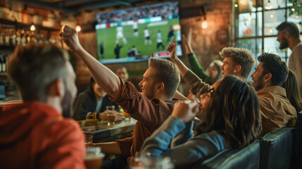 A lively group of friends cheering and enjoying a sports game on a big screen in a cozy, dimly lit sports bar. Ideal for themes of friendship, sports, and leisure activities.