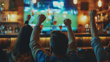 Enthusiastic fans with raised fists cheering as they watch a live sports game on a big screen in a dimly lit sports bar. Perfect for themes of excitement, sports, and social gatherings.