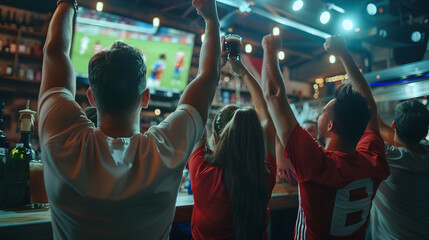 A group of excited fans cheering with raised arms while watching a live sports game on a big screen in a vibrant sports bar. Great for themes of enthusiasm, sports, and social interaction.
