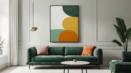 A minimalist abstract painting featuring geometric shapes and soothing pastel colors hangs above...