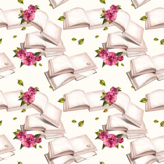 Open books with flowers. Seamless pattern. Book with pink carnation. Reading novels. Book Shop. Watercolor illustration for background design, packaging, textiles
