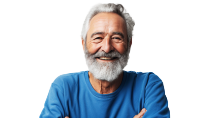 Happy mature old bearded man with dental smile. transparent, isolated on white.PNG.