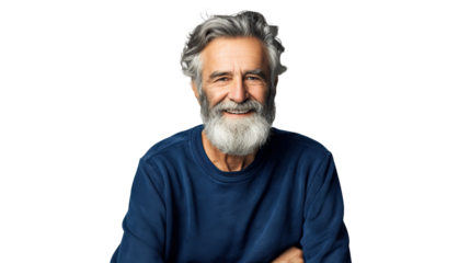 Happy mature old bearded man with dental smile. transparent, isolated on white.PNG.