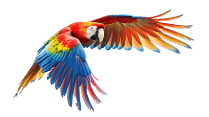colorful parrot flying on white background. image of animal. transparent, isolated on white. PNG.