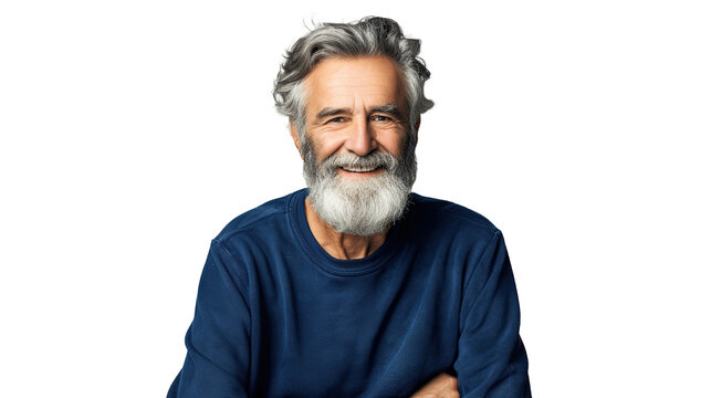Happy mature old bearded man with dental smile. transparent, isolated on white.PNG.