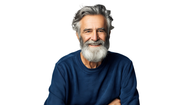 Happy mature old bearded man with dental smile. transparent, isolated on white.PNG.