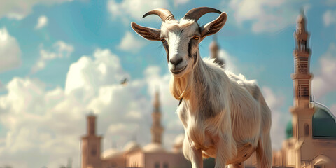 Realistic Eid background and a beloved goat symbolising the joyous spirit of the occasion
