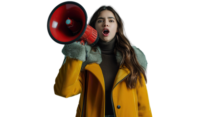 Hurry up. Stylish brunette woman screaming in loudspeaker, announces about final sales and discounts day. transparent, isolated on white. PNG.
