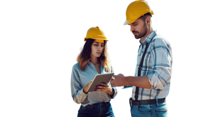 Two engineers work in construction site outdoor. work with tablet and talk about new project. transparent, isolated on white. PNG.