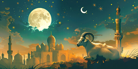 Eid Al Adha Festival Background with white  goat is sitting with mosque behind with beautiful sky with moon and stars

