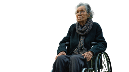 Old disabled American woman in wheelchair against in the green park. Transparent isolated on white.