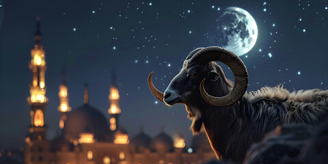 Happy Eid AL Adha with goat stand in front of a mosque in the background eid al adha greeting card
