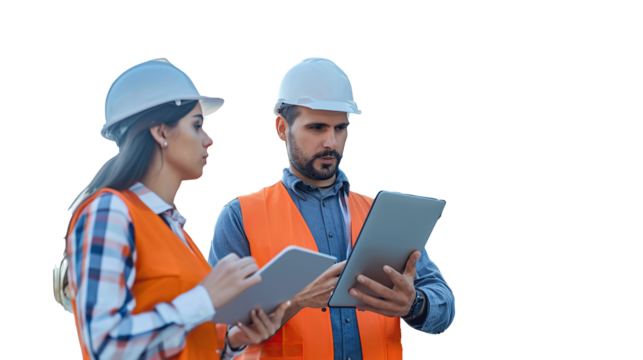 Caucasian Male Civil Engineer Talking To Hispanic Female Inspector And Using Tablet Computer On Construction Site of a New Building. transparent, isolated on white. PNG.