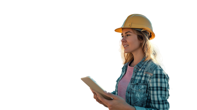 Two engineers work in construction site outdoor. work with tablet and talk about new project. transparent, isolated on white. PNG.