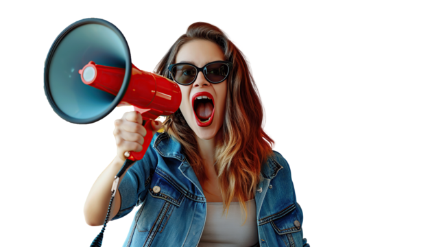 Hurry up. Stylish brunette woman screaming in loudspeaker, announces about final sales and discounts day. transparent, isolated on white. PNG.