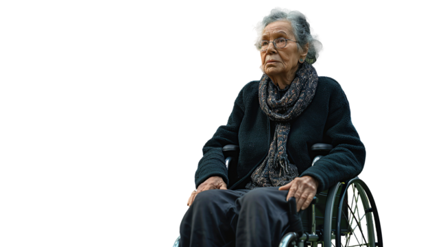 Old disabled American woman in wheelchair against in the green park. Transparent isolated on white. - Powered by Adobe