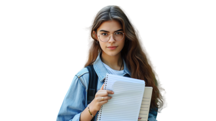 Pretty girl university student holding notebooks looking at camera posing for outdoor portrait. Transparent, isolated on white, png.
