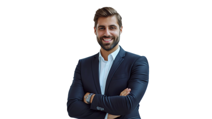 Salesman in luxury showroom. Smiling salesman. Transparent. Isolated on white. PNG.