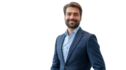 Salesman in luxury showroom. Smiling salesman. Transparent. Isolated on white. PNG.