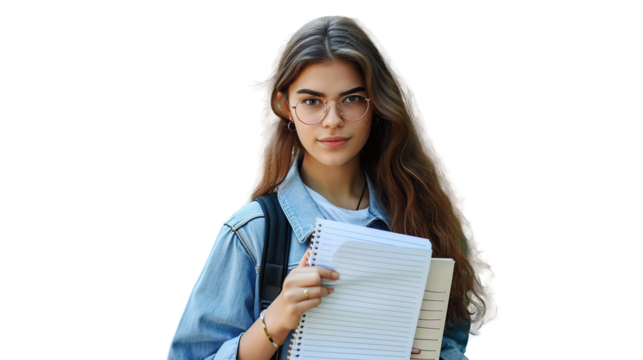 Pretty girl university student holding notebooks looking at camera posing for outdoor portrait. Transparent, isolated on white, png.