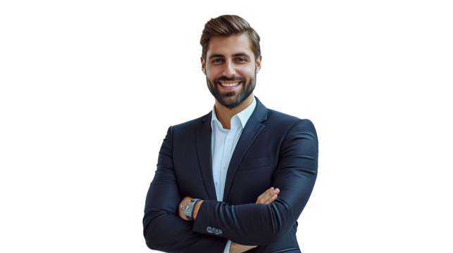 Salesman in luxury showroom. Smiling salesman. Transparent. Isolated on white. PNG.