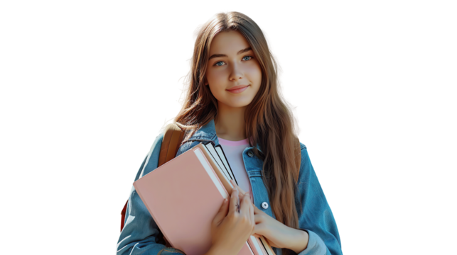 Pretty girl university student holding notebooks looking at camera posing for outdoor portrait. Transparent, isolated on white, png.