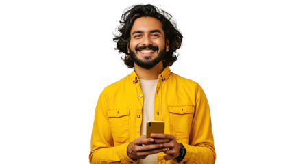 Smiling indian young man using cell phone. transparent, isolated on white. PNG.