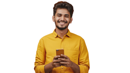 Smiling indian young man using cell phone. transparent, isolated on white. PNG.