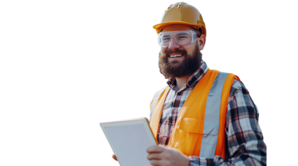 Successful Bearded Civil Engineer Wearing Protective Goggles And Smiling At Camera. transparent, isolated on white. PNG.