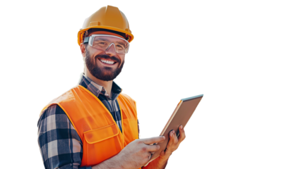 Successful Bearded Civil Engineer Wearing Protective Goggles And Smiling At Camera. transparent, isolated on white. PNG.
