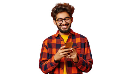 Obraz premium Smiling indian young man using cell phone. transparent, isolated on white. PNG.