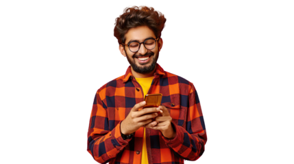 Smiling indian young man using cell phone. transparent, isolated on white. PNG.