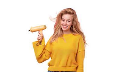 Teenager blonde girl holding a hairdryer over. transparent, isolated on white. PNG.