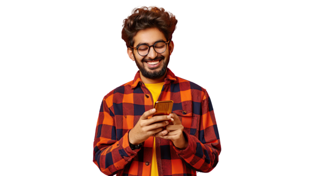 Smiling indian young man using cell phone. transparent, isolated on white. PNG.