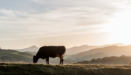 In the golden hour, capture the gentle sway of a cow's silhouette against the backdrop of rolling hills and endless pastures