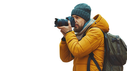 Fototapeta premium young man photographer takes photographs. transparent, isolated on white. PNG.