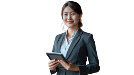 Young smiling successful professional leader Asian business woman. transparent, isolated on white. PNG.